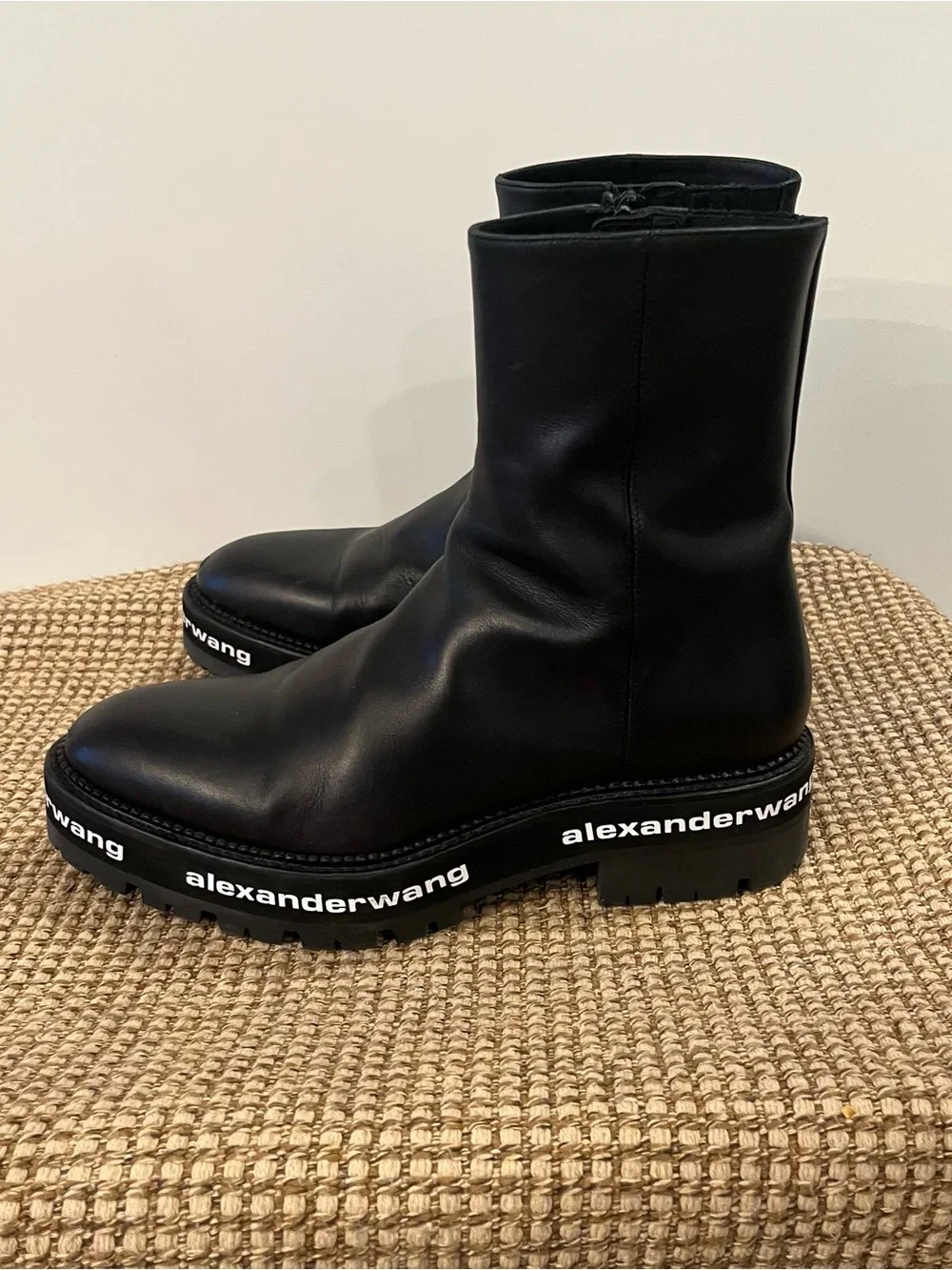 Alexander Wang Sanford Black Chelsea Ankle Boots Lug Logo Platform Size 8